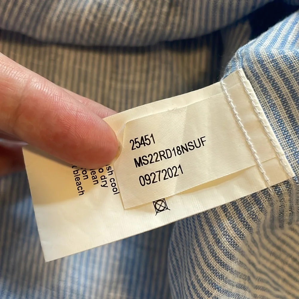 Peter Millar linen shirt, medium, blue & white stripe with subtle leaf print - Picture 5 of 8